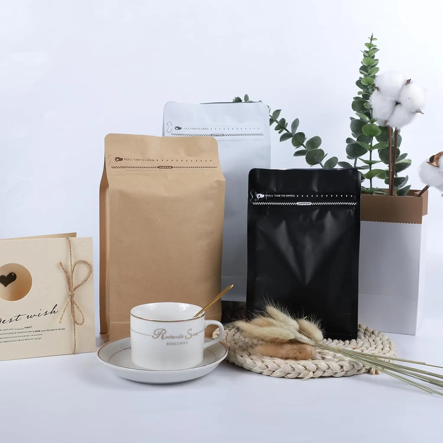 Coffee Bags without Valve (50 PCS,16oz/1lb) Black High Barrier Aluminum Foil Flat Bottom Standing Coffee Beans Storage Packaging Bags, Reusable Heat Seal Side Zipper Pouches for Small Business & Home