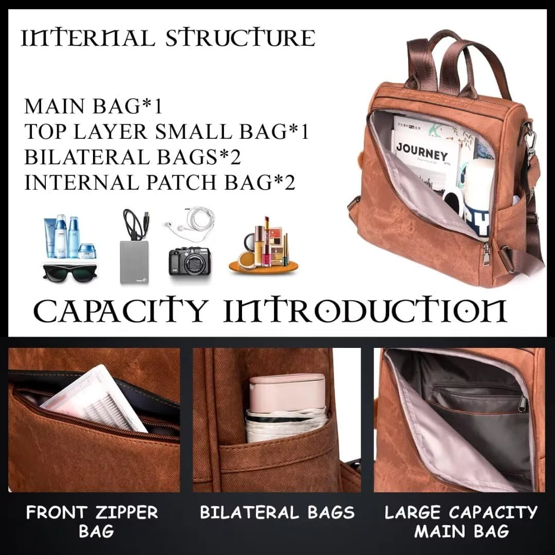 COFIHOME Backpack Purse for Women Ladies Backpack Vegan PU Leather Fashion Anti-theft Rucksack Waterproof Classic Print Daypack Shoulder Handbag Bag Security Casual Travel Hiking Knapsacks, Brown
