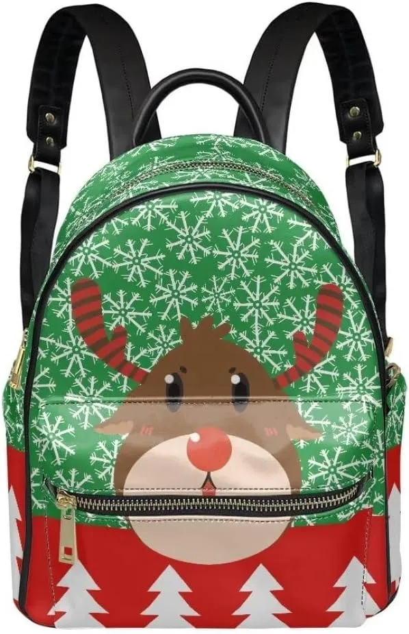 Coldinair Christmas Elk Leather Backpack Purse for Women Mini Backpack Travel Casual Daypack Backpack Small Anti-Theft Shoulder Bag Satchel Purse for Women Ladies Teen Kids