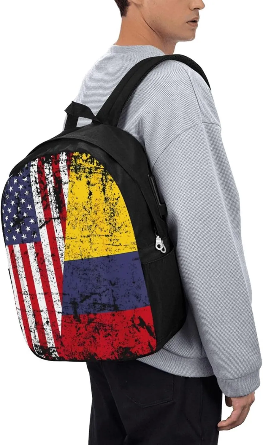 Colombian Roots Half American Flag Colombia Travel Backpack 17-Inch Laptop Backpacks Business Rucksack Casual Sport Daypack with USB Charging Port Carry-on Bag for Camping Biking