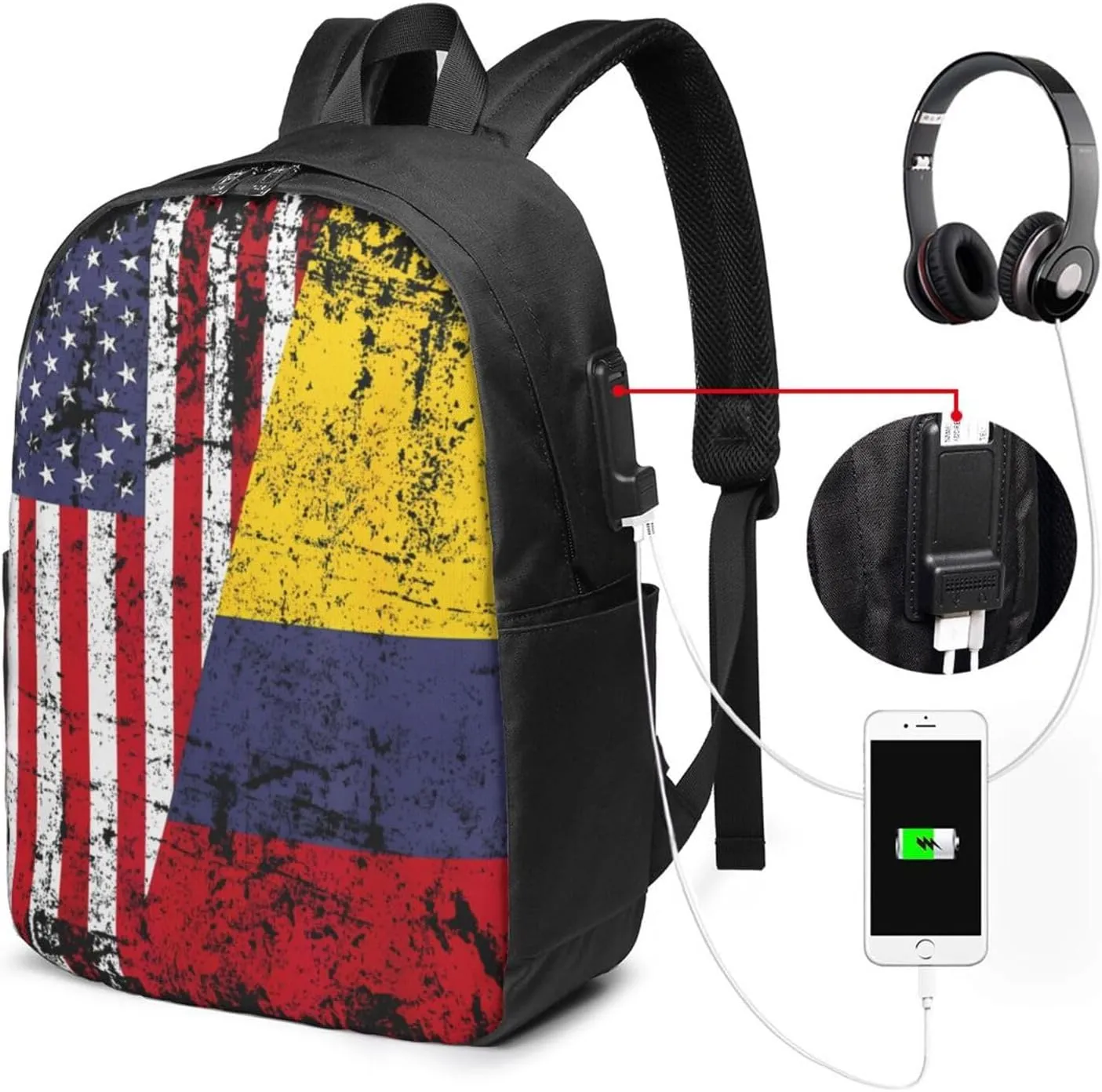 Colombian Roots Half American Flag Colombia Travel Backpack 17-Inch Laptop Backpacks Business Rucksack Casual Sport Daypack with USB Charging Port Carry-on Bag for Camping Biking