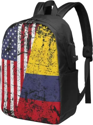 Colombian Roots Half American Flag Colombia Travel Backpack 17-Inch Laptop Backpacks Business Rucksack Casual Sport Daypack with USB Charging Port Carry-on Bag for Camping Biking