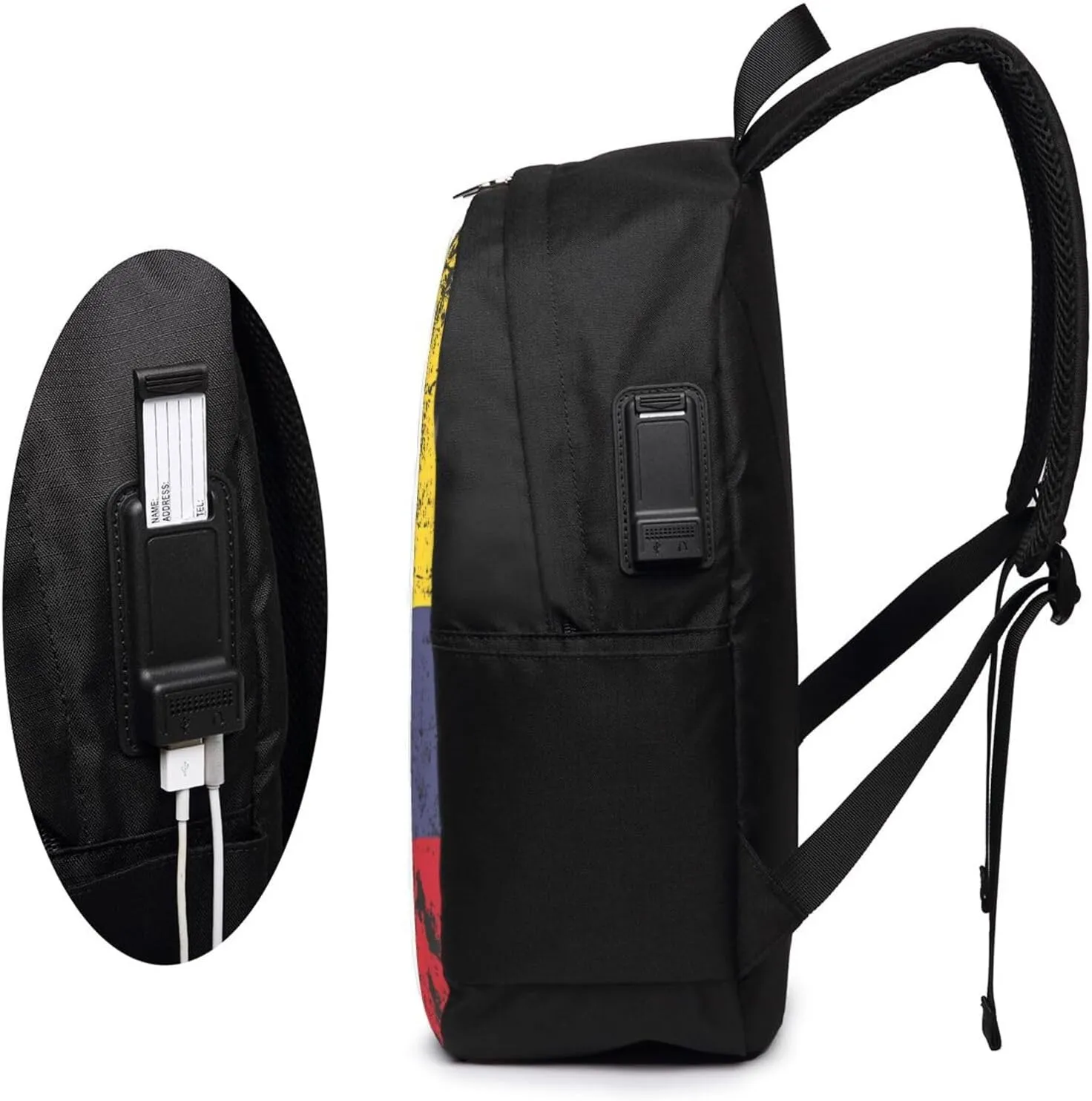 Colombian Roots Half American Flag Colombia Travel Backpack 17-Inch Laptop Backpacks Business Rucksack Casual Sport Daypack with USB Charging Port Carry-on Bag for Camping Biking