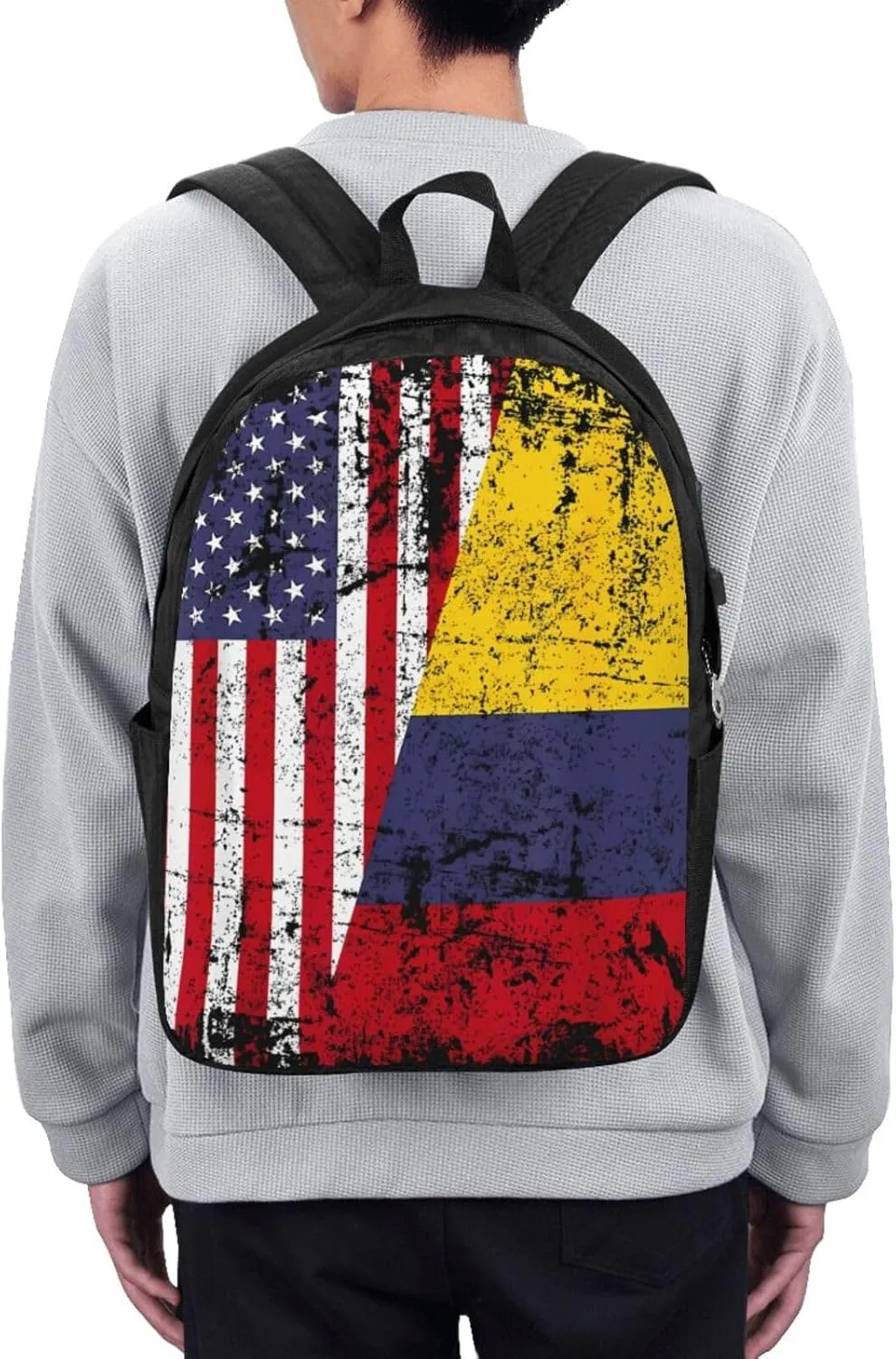 Colombian Roots Half American Flag Colombia Travel Backpack 17-Inch Laptop Backpacks Business Rucksack Casual Sport Daypack with USB Charging Port Carry-on Bag for Camping Biking