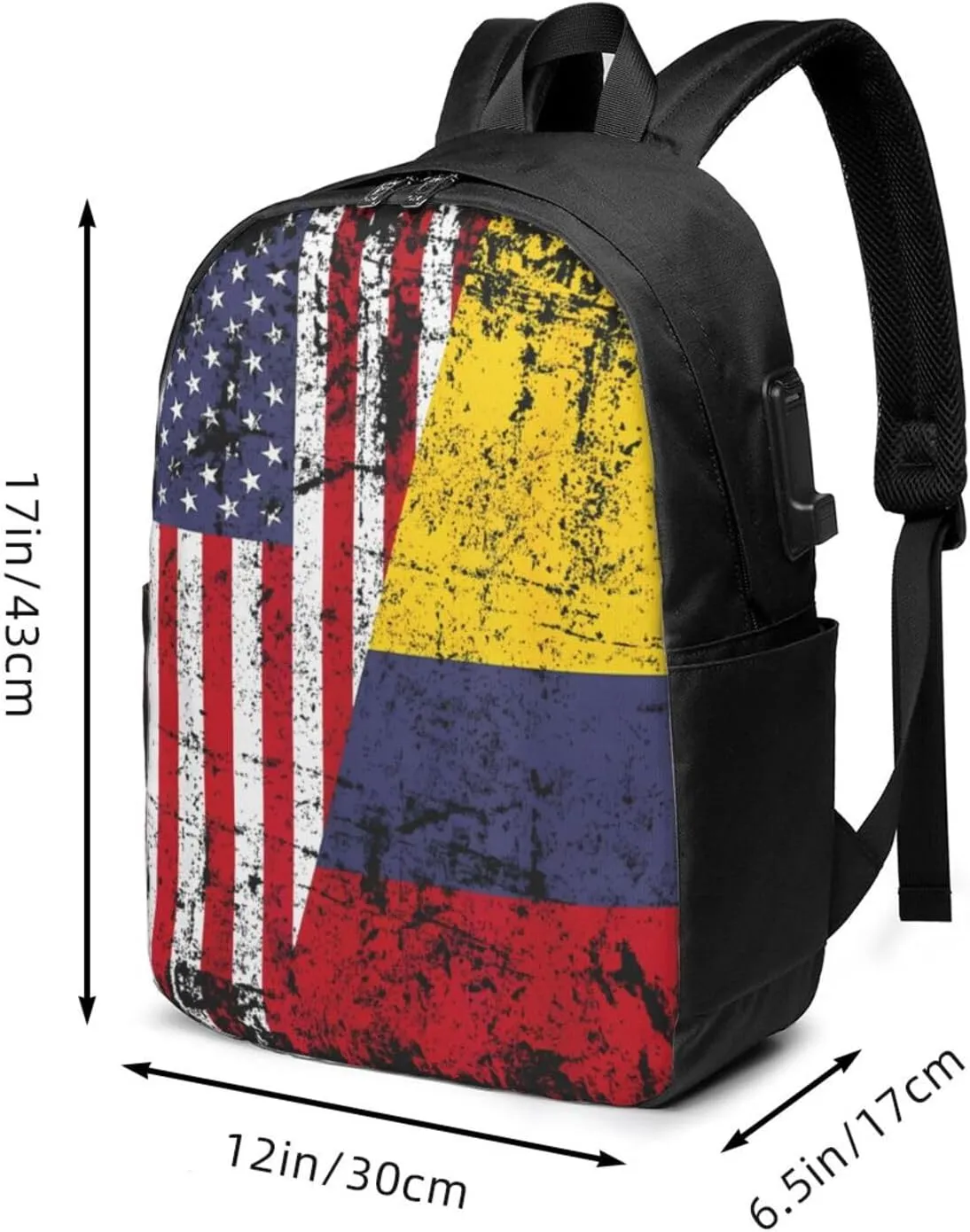 Colombian Roots Half American Flag Colombia Travel Backpack 17-Inch Laptop Backpacks Business Rucksack Casual Sport Daypack with USB Charging Port Carry-on Bag for Camping Biking