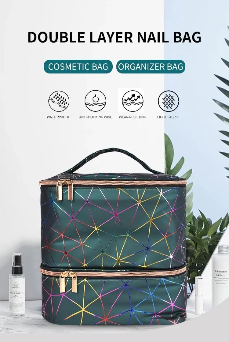 Colorful PU Nail Polish Organizer Storage Bag Professional Nail Accessories Kit Holds 30 Bottle (15ml/ 0.5 fl.oz) and a Nail Lamp Case Double Layer Nail Polish Carrying Case (green), NB2405-1