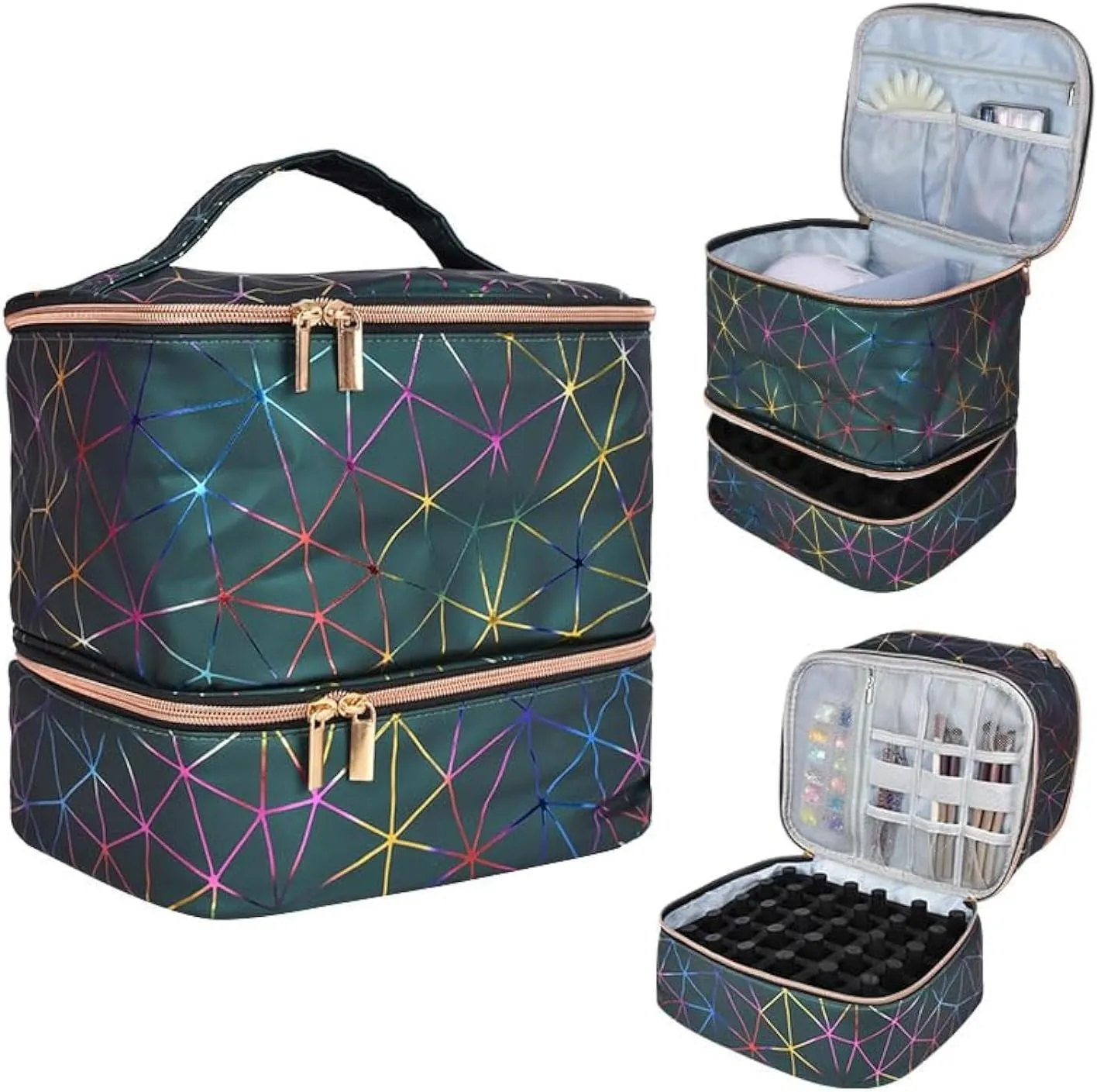 Colorful PU Nail Polish Organizer Storage Bag Professional Nail Accessories Kit Holds 30 Bottle (15ml/ 0.5 fl.oz) and a Nail Lamp Case Double Layer Nail Polish Carrying Case (green), NB2405-1