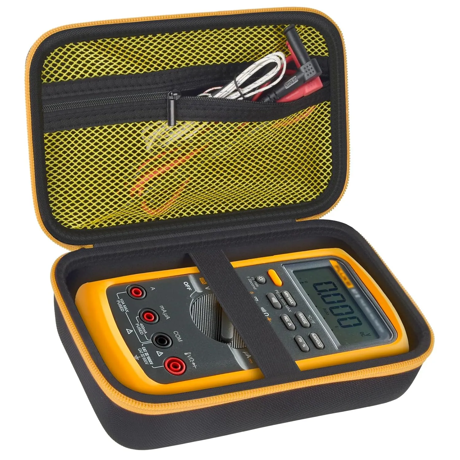 Comecase Hard Carrying Case for Fluke 87-V/ 87V Max/ 88V/ 15B / 17B  and More Digital Multimeter, Protective Travel Storage Bag - Black   Yellow Pocket