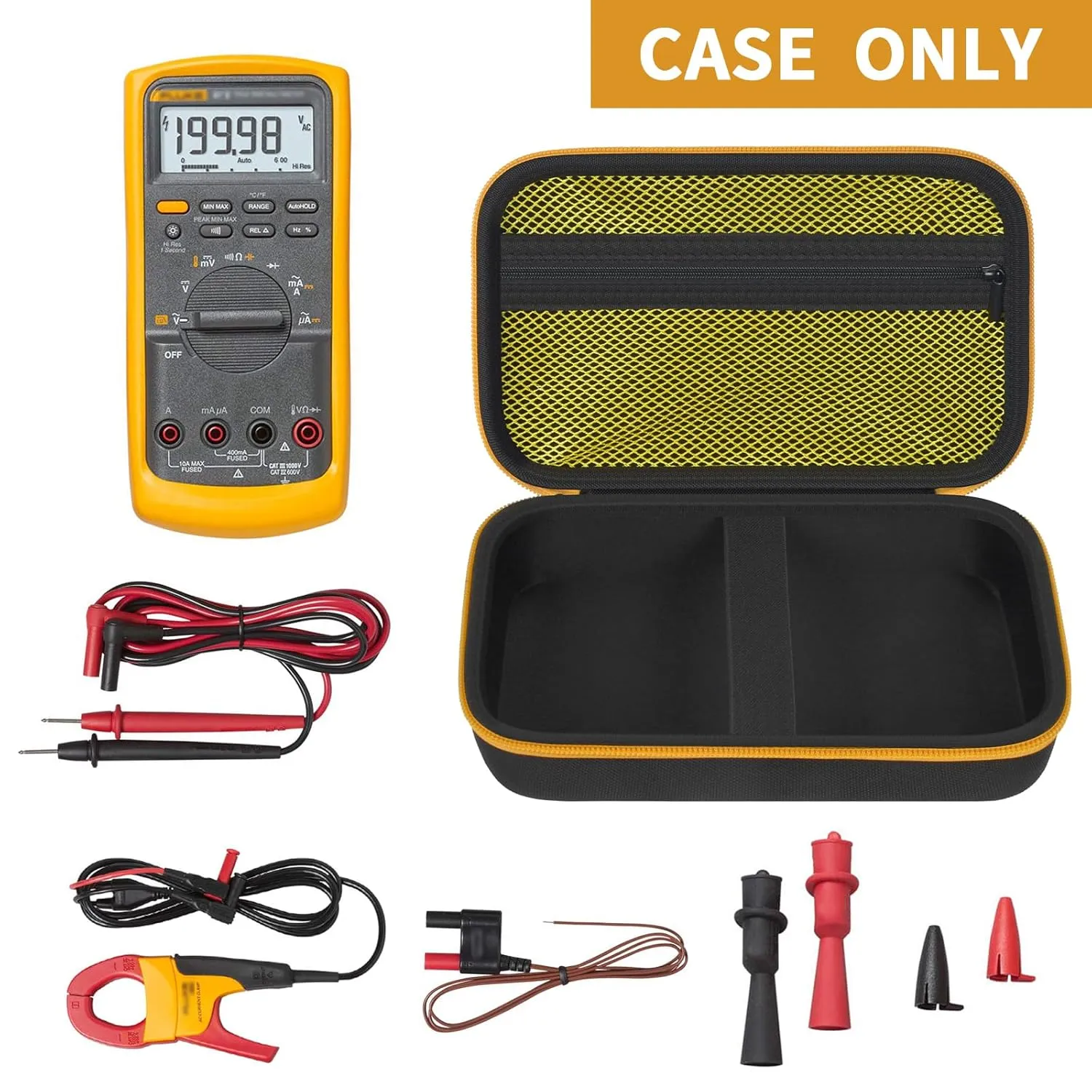Comecase Hard Carrying Case for Fluke 87-V/ 87V Max/ 88V/ 15B / 17B  and More Digital Multimeter, Protective Travel Storage Bag - Black   Yellow Pocket