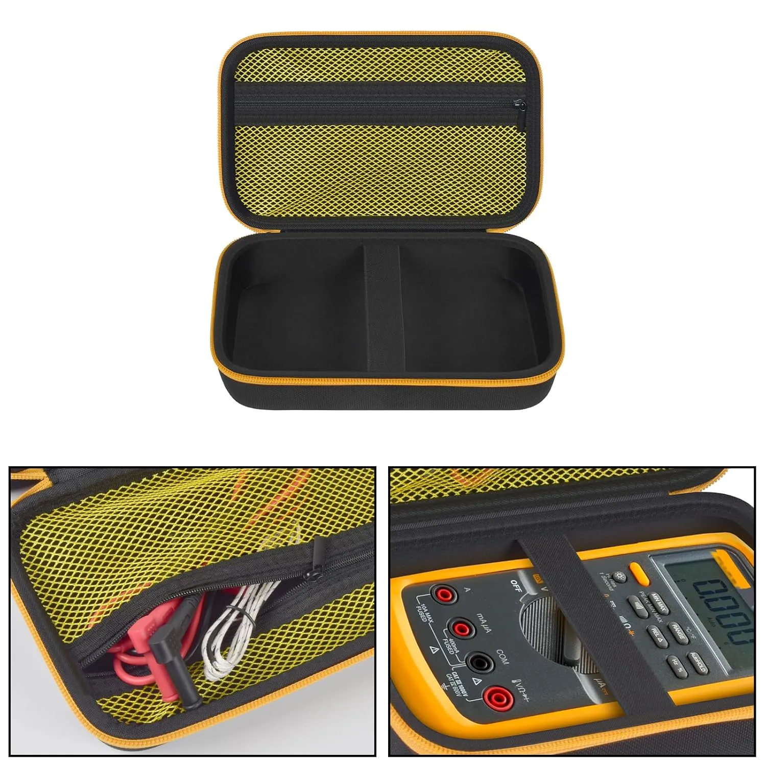 Comecase Hard Carrying Case for Fluke 87-V/ 87V Max/ 88V/ 15B / 17B  and More Digital Multimeter, Protective Travel Storage Bag - Black   Yellow Pocket