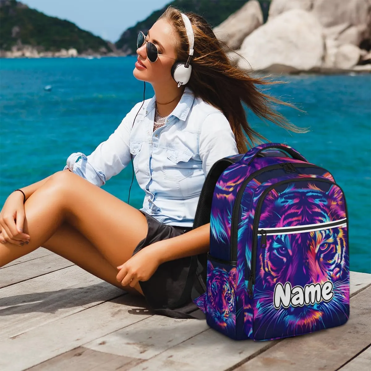 Cool Tiger Personalized Laptop Backpack with Name Custom Shoulder Bags for Women Men Waterproof Travel Casual Daypack Laptop Bag Gifts 16.1in