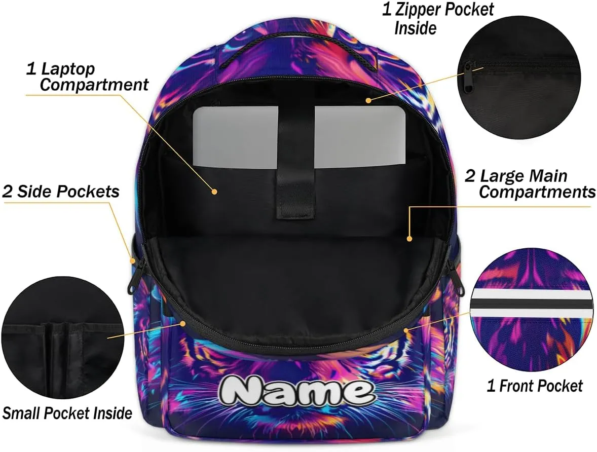 Cool Tiger Personalized Laptop Backpack with Name Custom Shoulder Bags for Women Men Waterproof Travel Casual Daypack Laptop Bag Gifts 16.1in