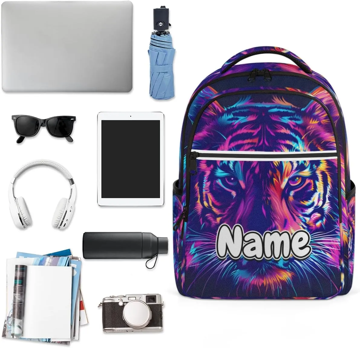 Cool Tiger Personalized Laptop Backpack with Name Custom Shoulder Bags for Women Men Waterproof Travel Casual Daypack Laptop Bag Gifts 16.1in