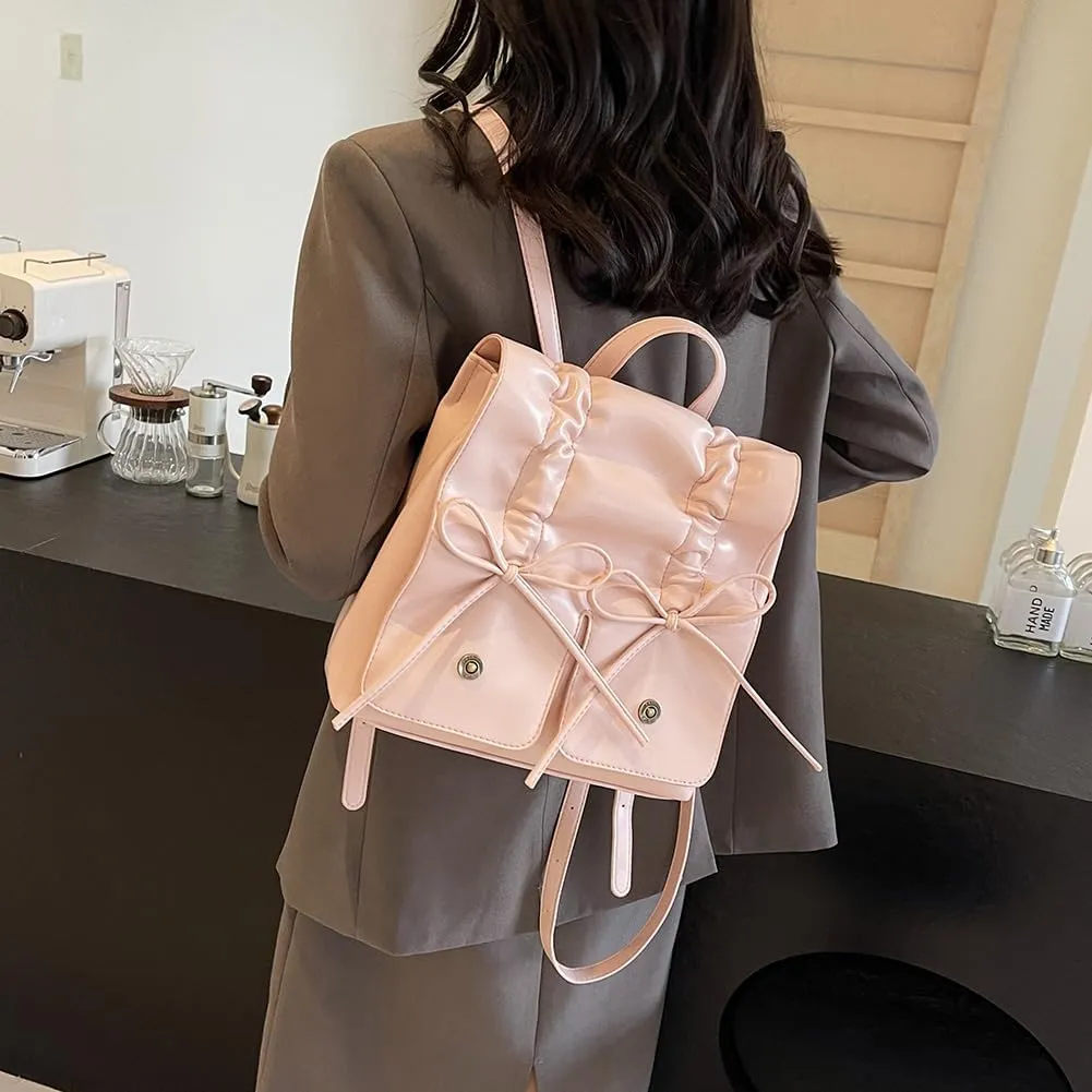 Coquette Aesthetic Backpack for Women Cute Bow Backpack PU Leather Travel Rucksack Fashion Bow Tie Shoulder Bag