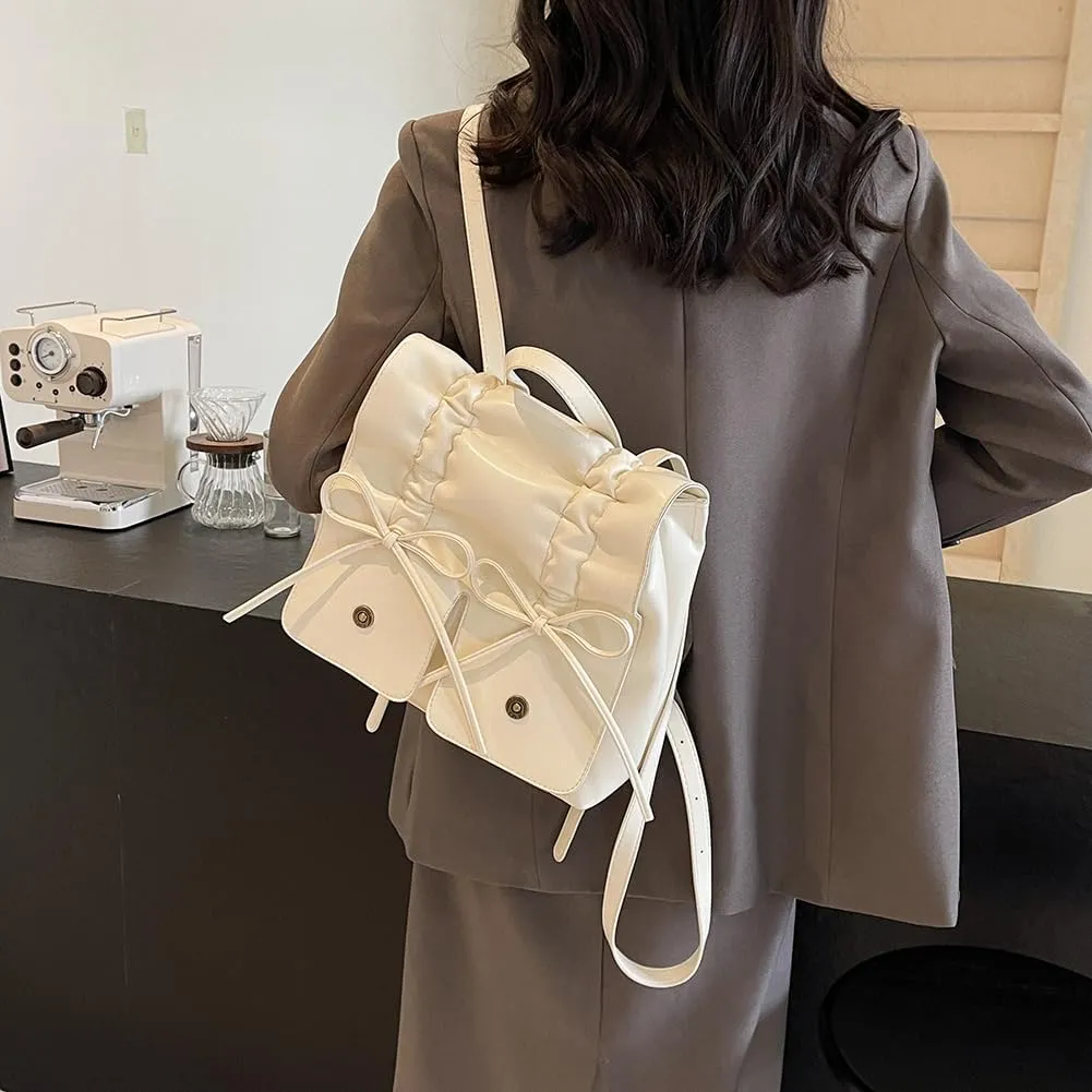 Coquette Aesthetic Backpack for Women Cute Bow Backpack PU Leather Travel Rucksack Fashion Bow Tie Shoulder Bag