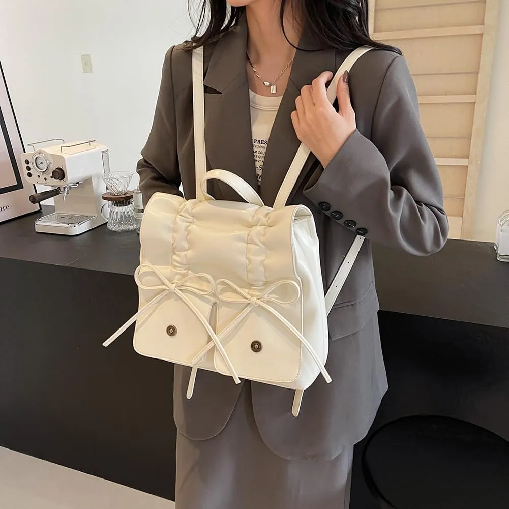 Coquette Aesthetic Backpack for Women Cute Bow Backpack PU Leather Travel Rucksack Fashion Bow Tie Shoulder Bag