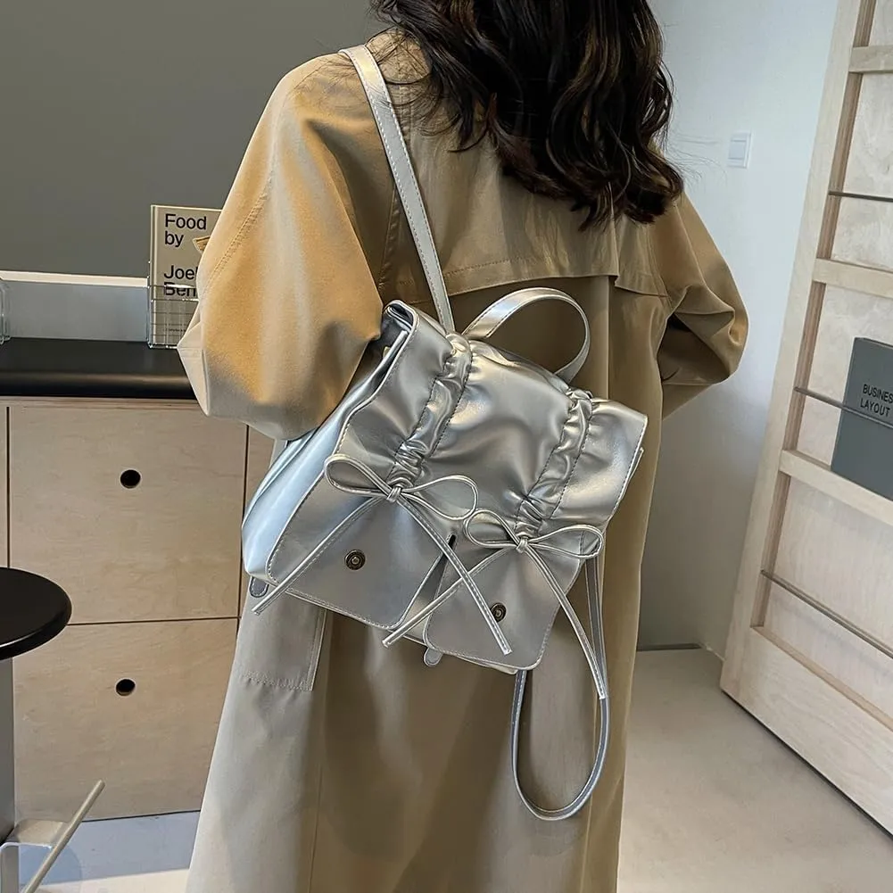 Coquette Aesthetic Backpack for Women Cute Bow Backpack PU Leather Travel Rucksack Fashion Bow Tie Shoulder Bag