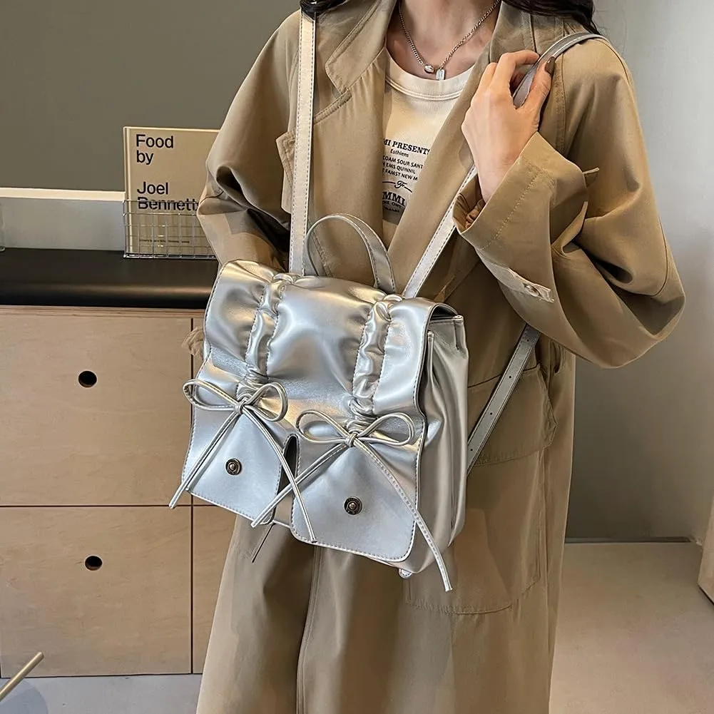 Coquette Aesthetic Backpack for Women Cute Bow Backpack PU Leather Travel Rucksack Fashion Bow Tie Shoulder Bag