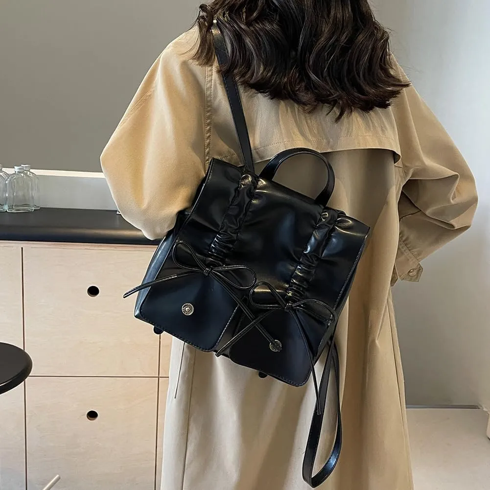 Coquette Aesthetic Backpack for Women Cute Bow Backpack PU Leather Travel Rucksack Fashion Bow Tie Shoulder Bag