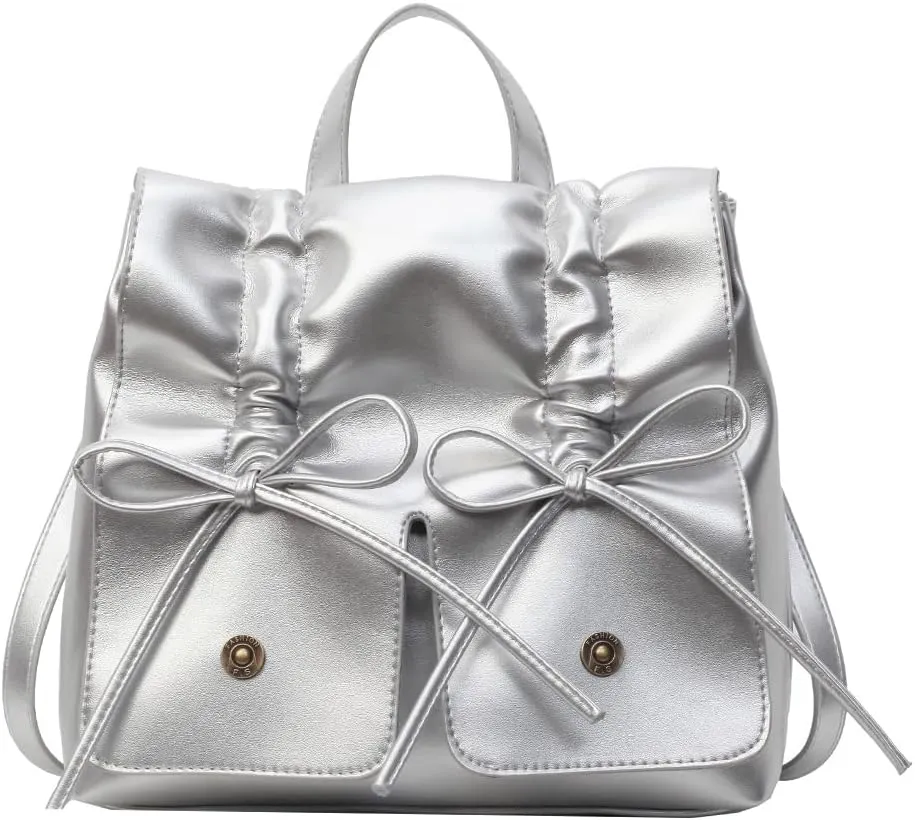 Coquette Aesthetic Backpack for Women Cute Bow Backpack PU Leather Travel Rucksack Fashion Bow Tie Shoulder Bag