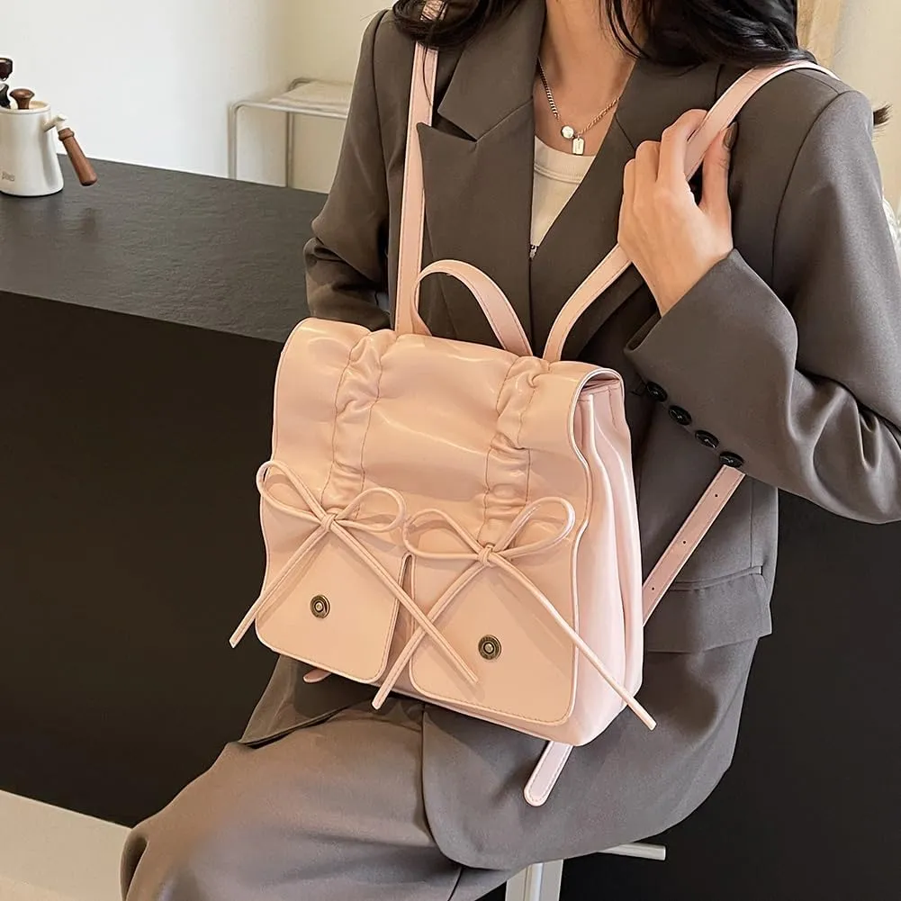 Coquette Aesthetic Backpack for Women Cute Bow Backpack PU Leather Travel Rucksack Fashion Bow Tie Shoulder Bag