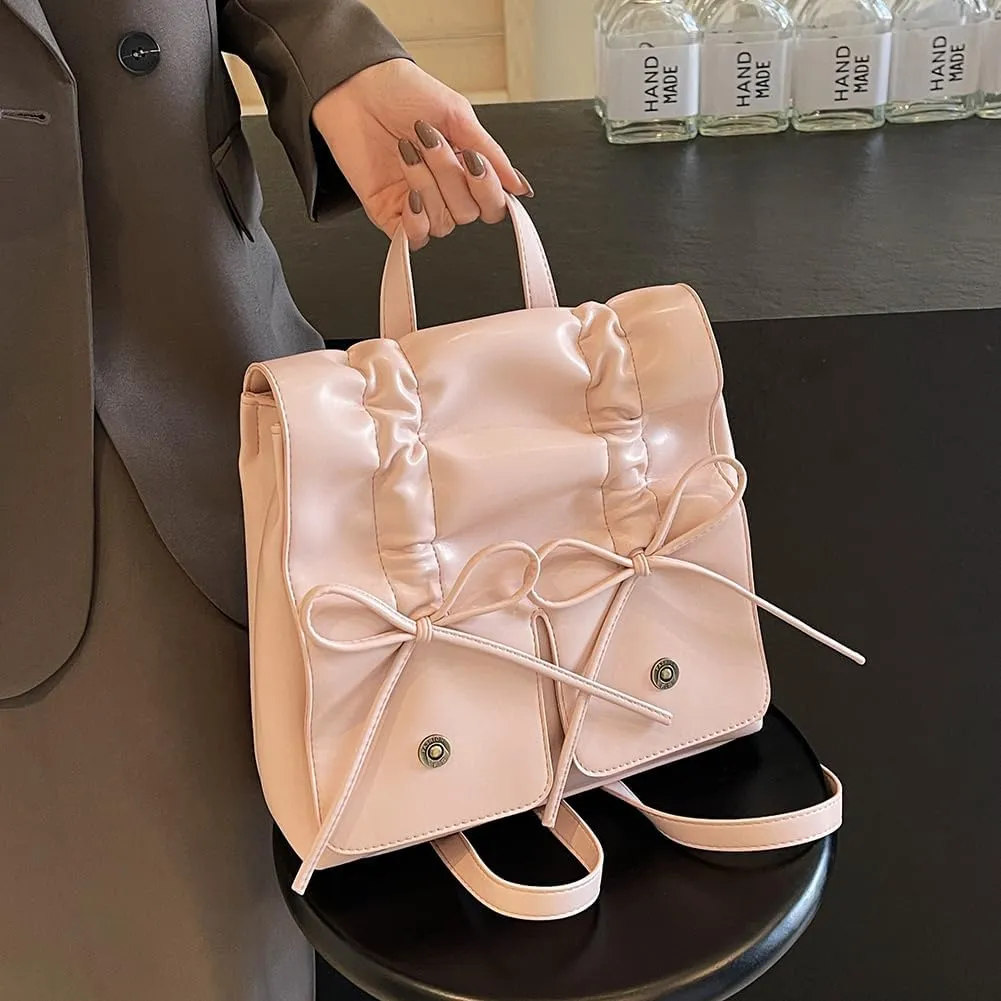 Coquette Aesthetic Backpack for Women Cute Bow Backpack PU Leather Travel Rucksack Fashion Bow Tie Shoulder Bag