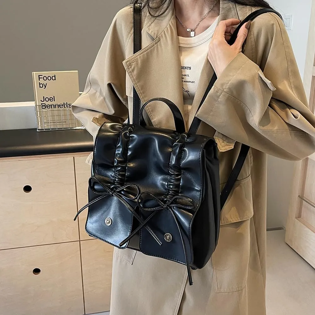 Coquette Aesthetic Backpack for Women Cute Bow Backpack PU Leather Travel Rucksack Fashion Bow Tie Shoulder Bag