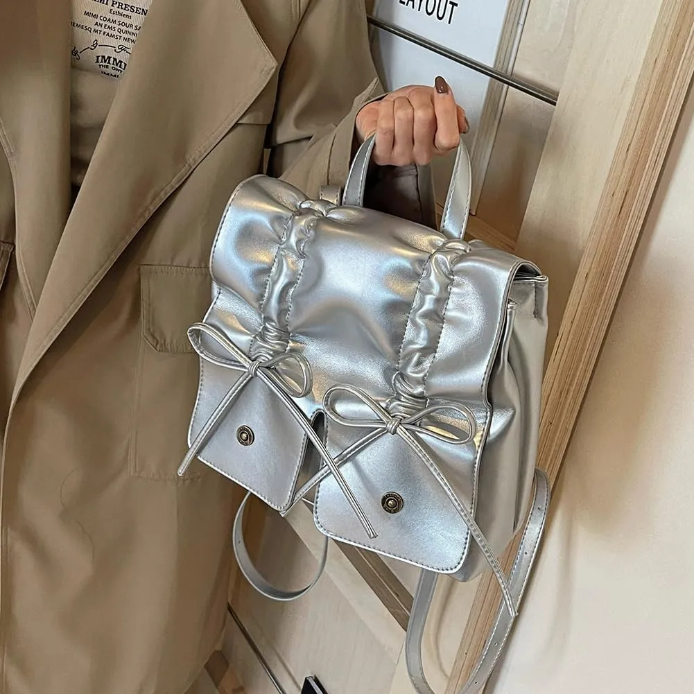 Coquette Aesthetic Backpack for Women Cute Bow Backpack PU Leather Travel Rucksack Fashion Bow Tie Shoulder Bag