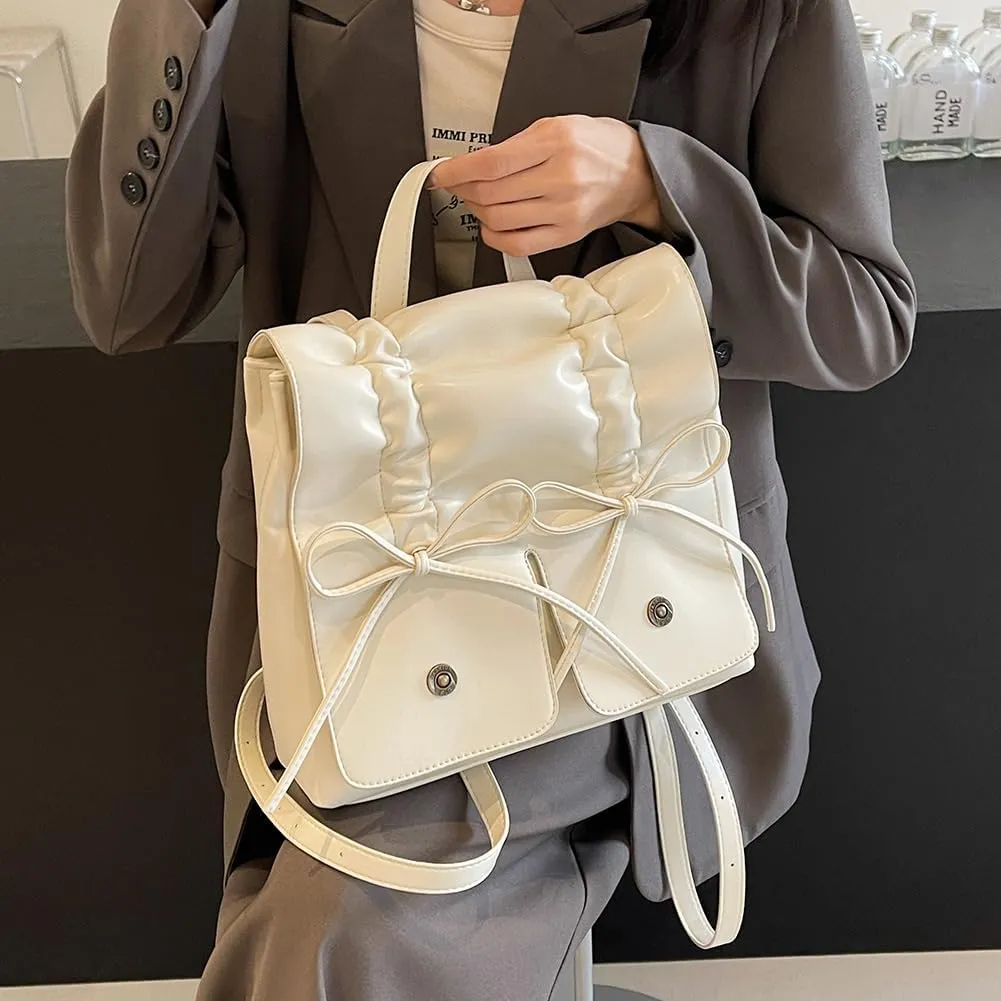 Coquette Aesthetic Backpack for Women Cute Bow Backpack PU Leather Travel Rucksack Fashion Bow Tie Shoulder Bag