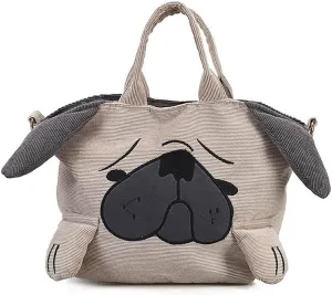 Corduroy Tote Handbag for Women Unique Puppy Purse Pug Shaped Shoulder Bag Cute Animal Crossbody Bag