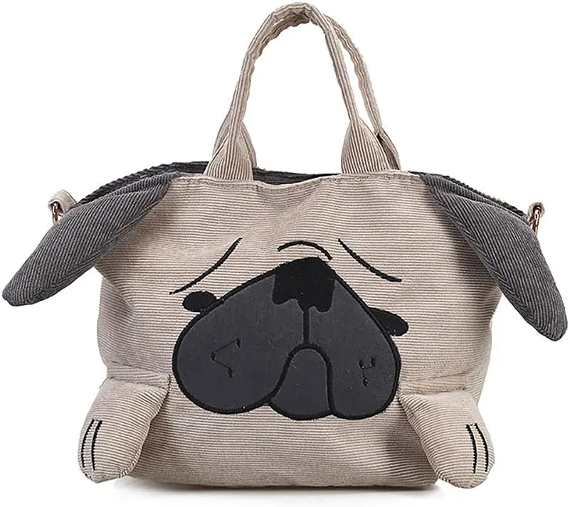 Corduroy Tote Handbag for Women Unique Puppy Purse Pug Shaped Shoulder Bag Cute Animal Crossbody Bag