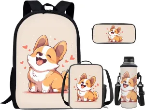 Corgi School Backpack Set of 4 Kids Backpack with Lunch Box Pencil Case and Water Bottle Case Cover School Backpack Lightweight Backpack for Toddler Girls Kindergarten Elementary