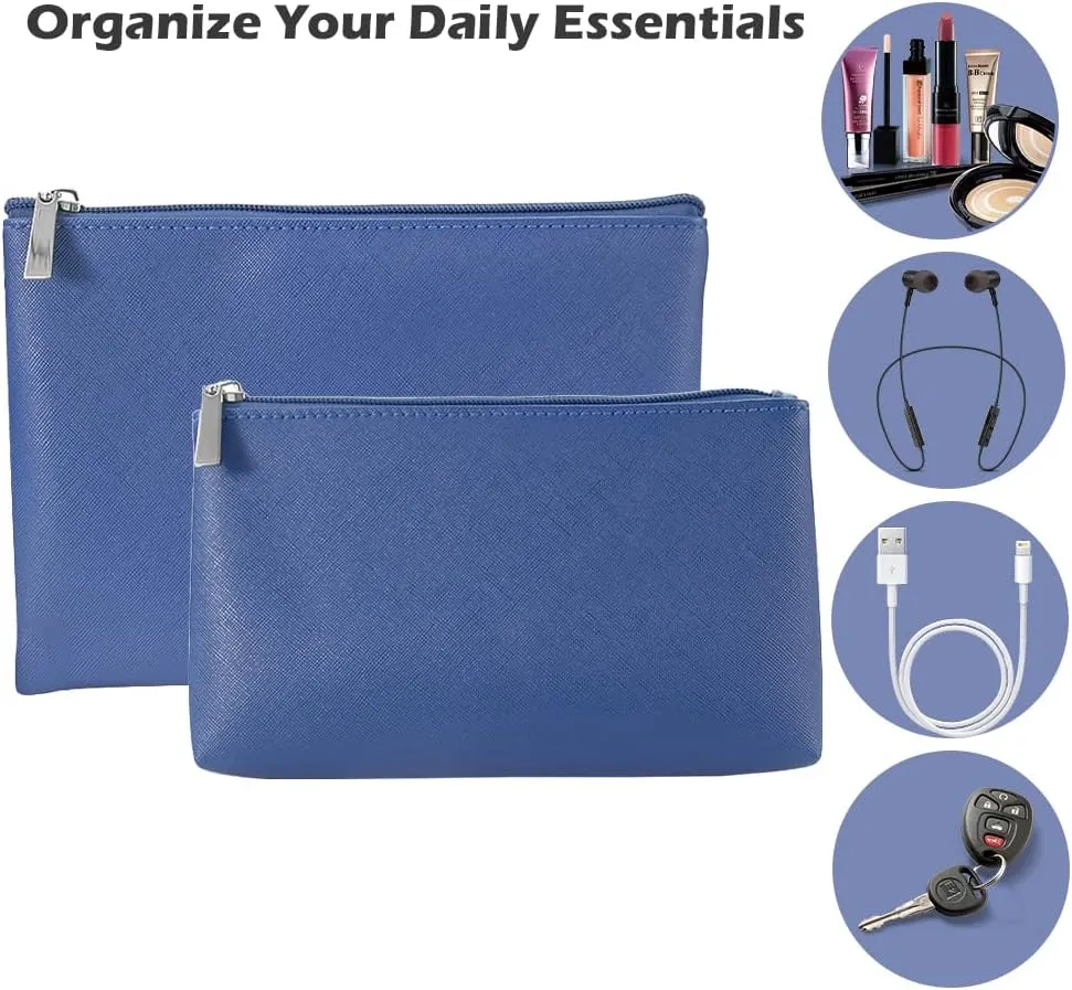 Cosmetic Bag Set, Pu Leather Cosmetic Bag for Women, Waterproof Cosmetic Bag, 2 pcs Makeup Pouch with Zipper, Multifunctional Storage Bag, Dark Blue
