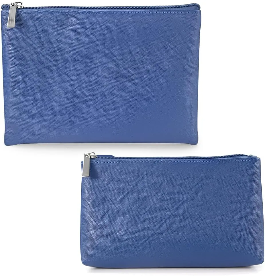 Cosmetic Bag Set, Pu Leather Cosmetic Bag for Women, Waterproof Cosmetic Bag, 2 pcs Makeup Pouch with Zipper, Multifunctional Storage Bag, Dark Blue