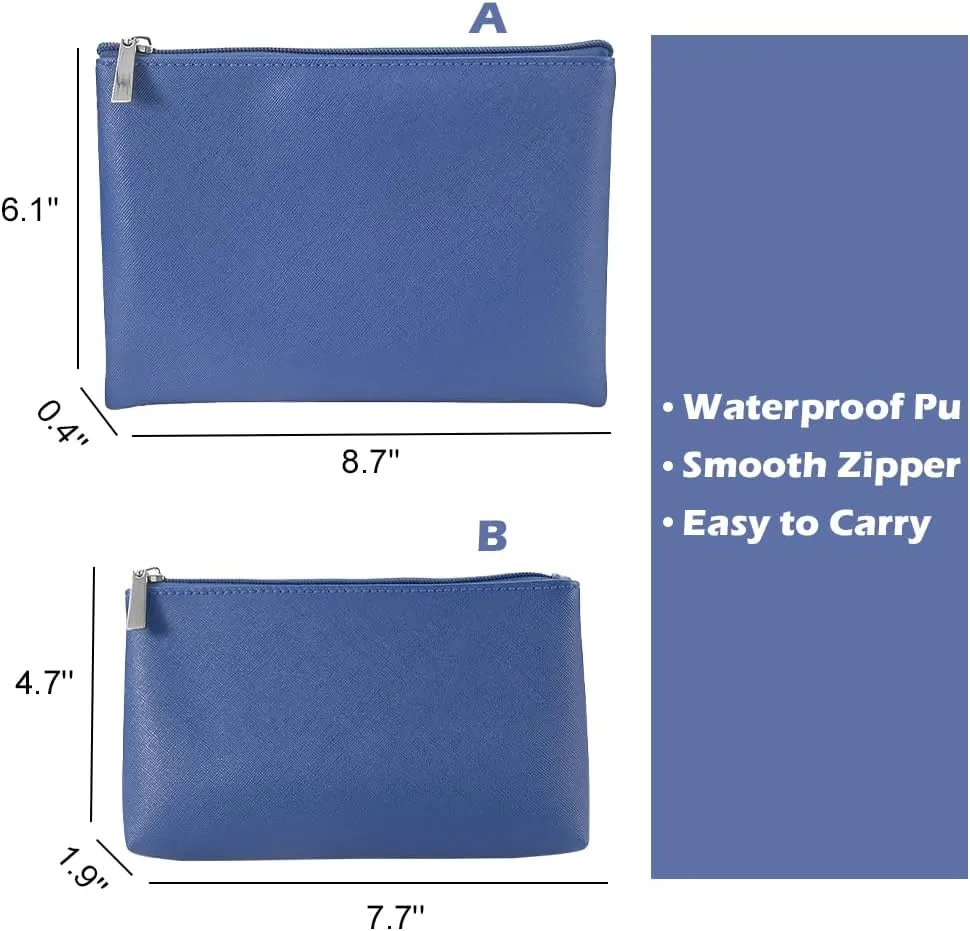 Cosmetic Bag Set, Pu Leather Cosmetic Bag for Women, Waterproof Cosmetic Bag, 2 pcs Makeup Pouch with Zipper, Multifunctional Storage Bag, Dark Blue