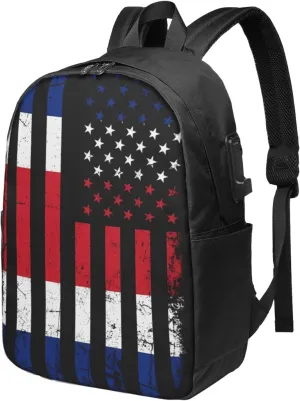 Costa Rican American Flag Costa Rica Roots Travel Backpack 17-Inch Laptop Backpacks Business Rucksack Casual Sport Daypack with USB Charging Port Carry-on Bag for Camping Biking