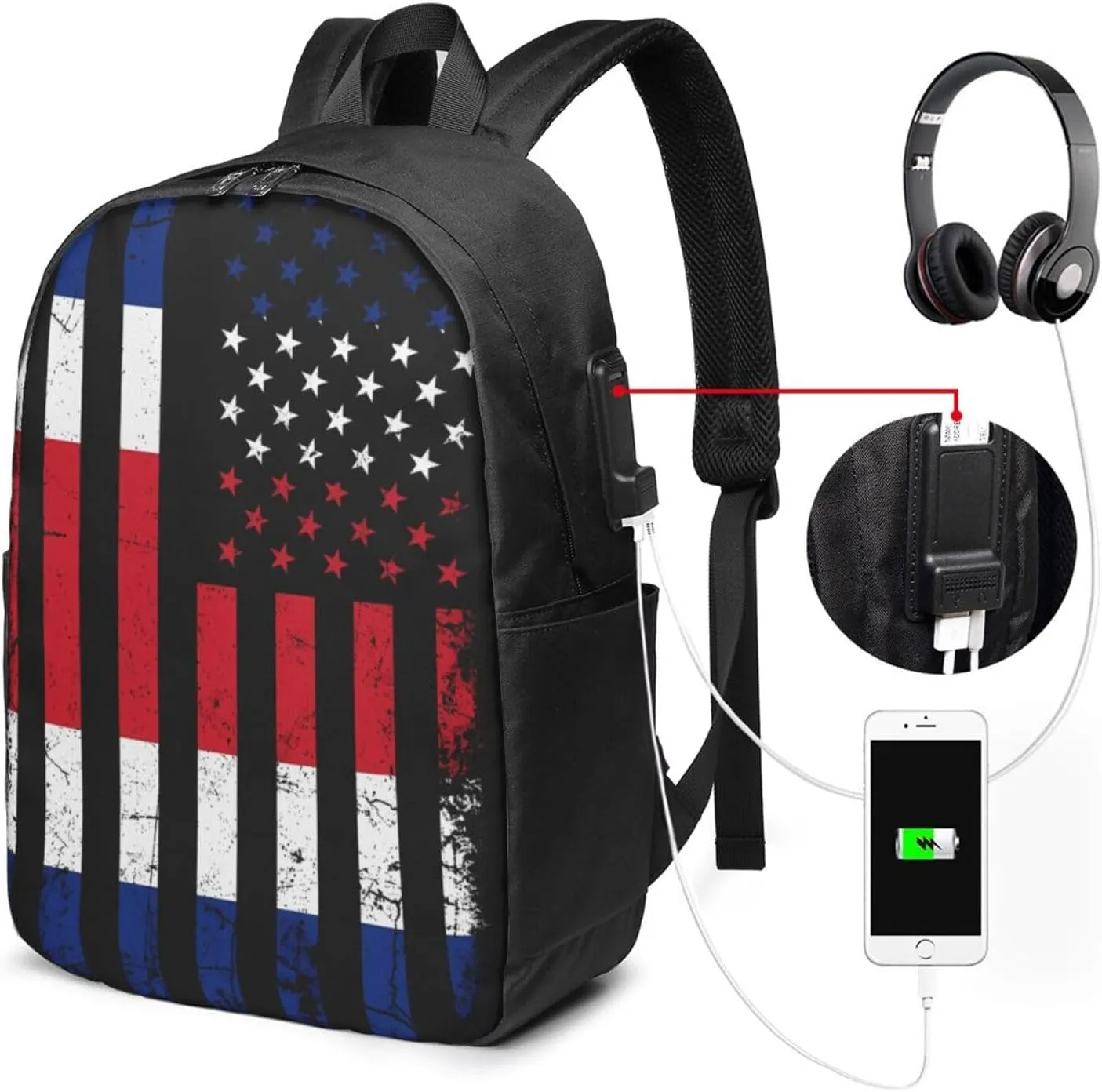 Costa Rican American Flag Costa Rica Roots Travel Backpack 17-Inch Laptop Backpacks Business Rucksack Casual Sport Daypack with USB Charging Port Carry-on Bag for Camping Biking