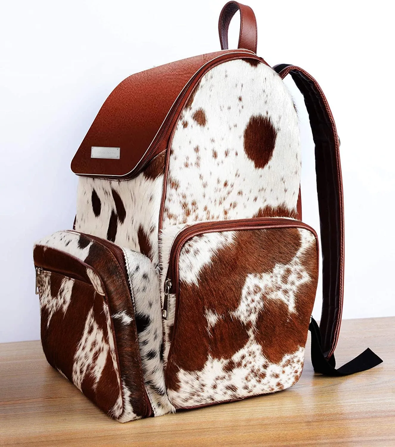 Cowhide Print Hair Diaper Bag Leather Backpack Rucksack/Knapsack Shoulder Travel Bag Brown & White (With Custom Name)