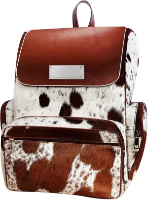 Cowhide Print Hair Diaper Bag Leather Backpack Rucksack/Knapsack Shoulder Travel Bag Brown & White (With Custom Name)