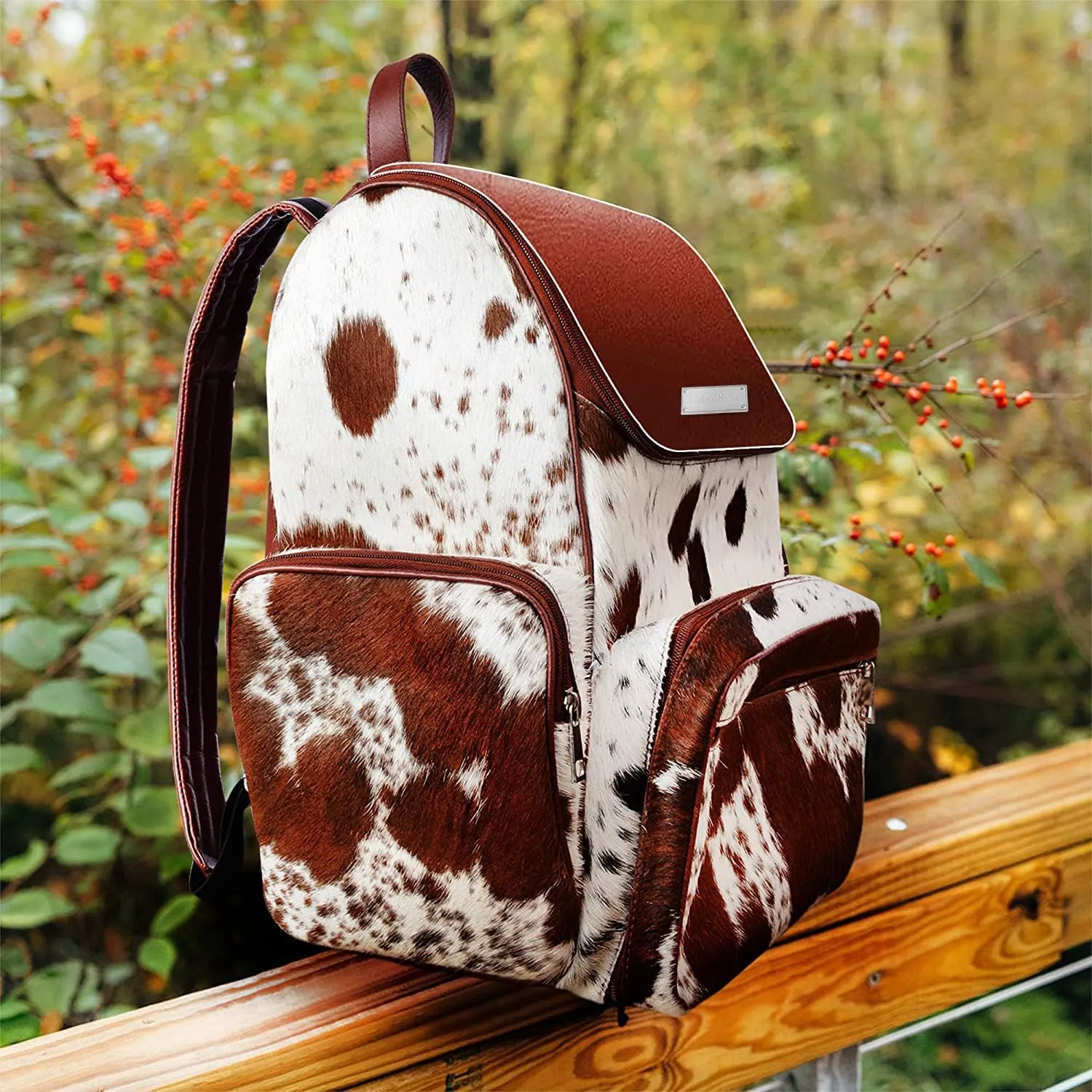 Cowhide Print Hair Diaper Bag Leather Backpack Rucksack/Knapsack Shoulder Travel Bag Brown & White (With Custom Name)