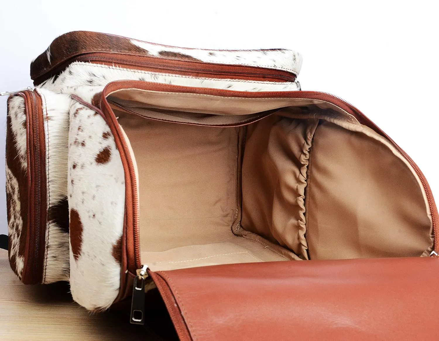 Cowhide Print Hair Diaper Bag Leather Backpack Rucksack/Knapsack Shoulder Travel Bag Brown & White (With Custom Name)