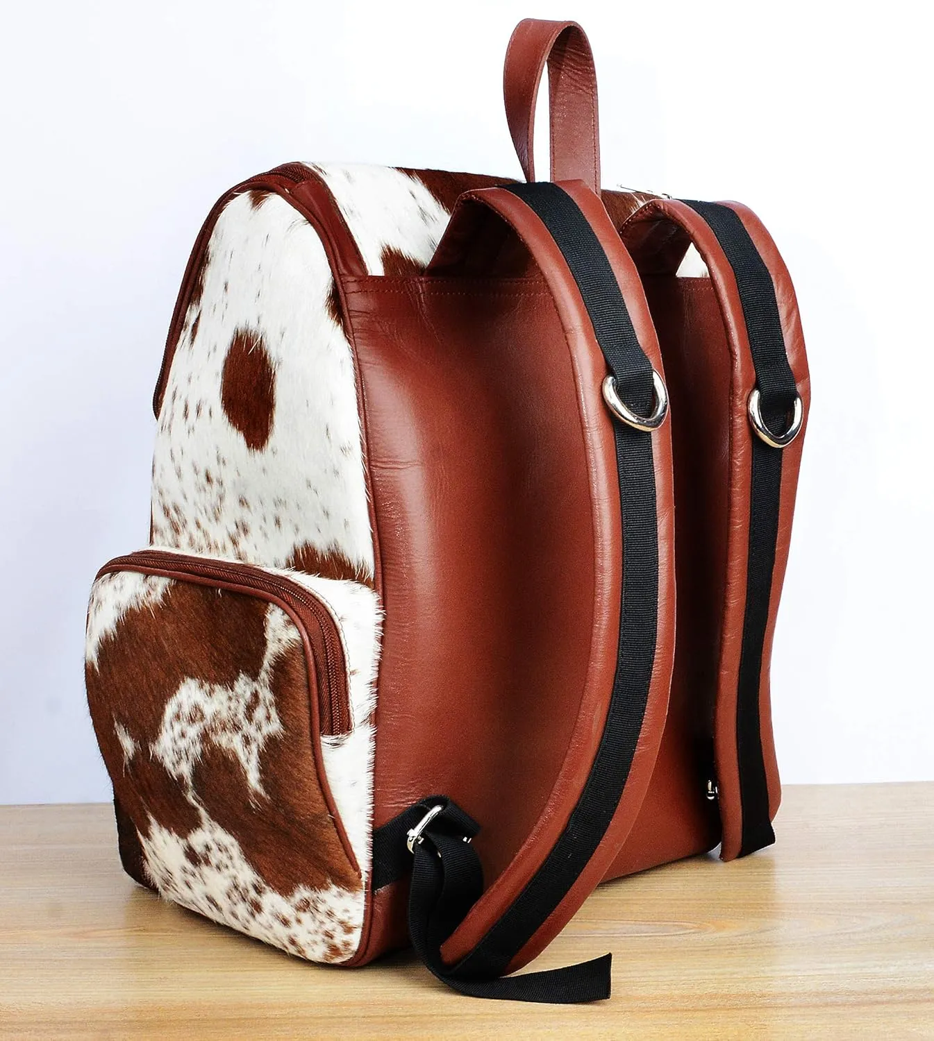 Cowhide Print Hair Diaper Bag Leather Backpack Rucksack/Knapsack Shoulder Travel Bag Brown & White (With Custom Name)