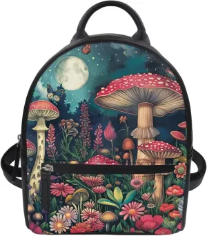 Cozeyat Moon Mushroom Mini Backpack for Women Leather Waterproof Stylish Daypack Purse Shoulder Bag Lightweight Small Casual Daily Travel Backpack Lady Girls Gifts for Work School
