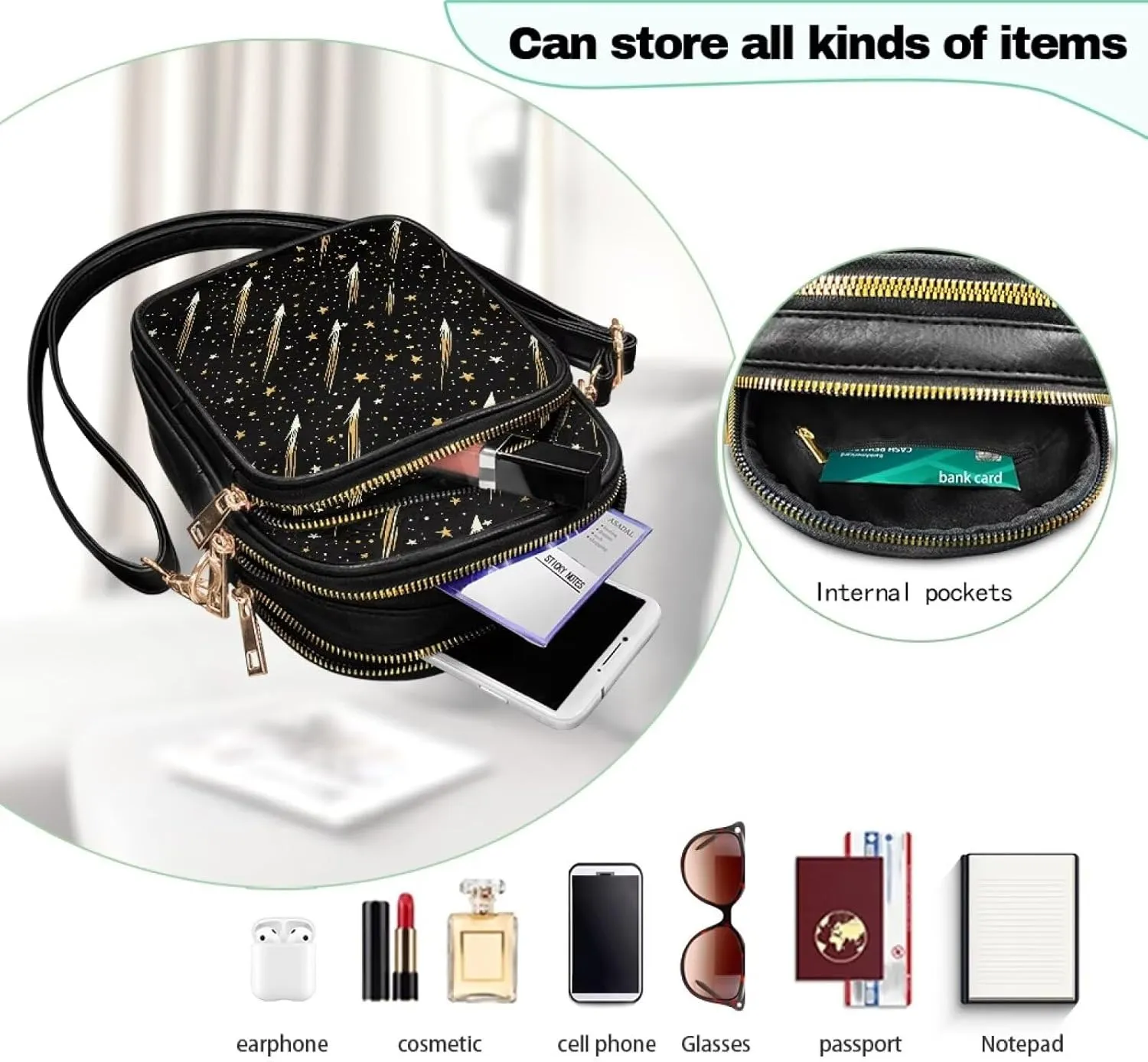 Crossbody Bag for Women Multi Pocket Sling Shoulder Purses Travel Leather Zipper Designer Satchel Adjustable Strap