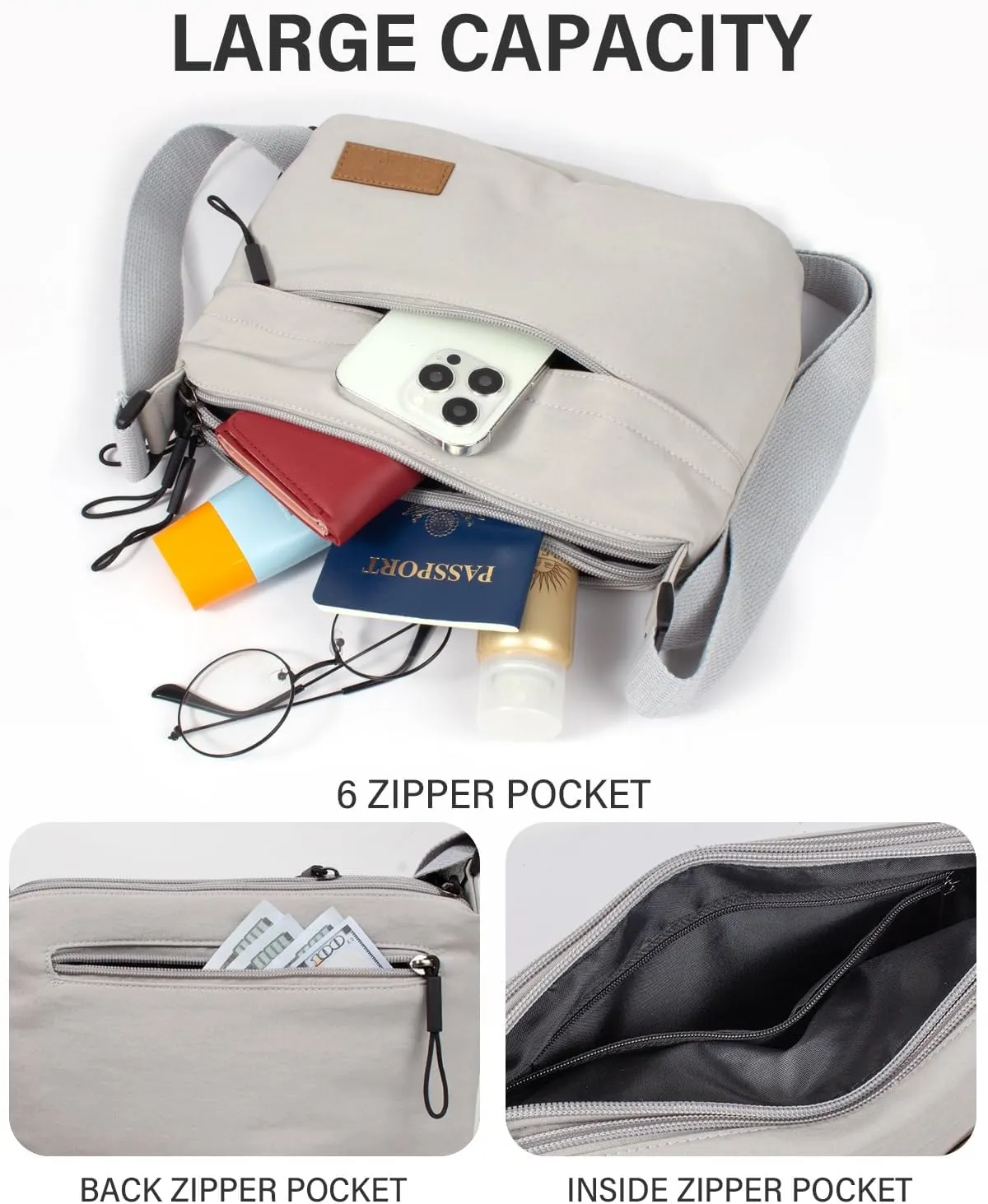 Crossbody Sling Bag Canvas Purse Small Shoulder Handbag 5 Pocket Casual Travel Messenger Hobo Bag Phone Satchel Backpack