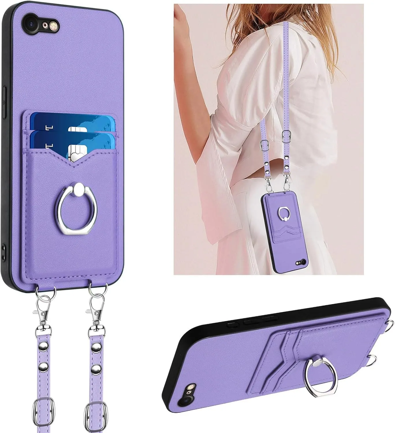 Crossbody Wallet Case for iPhone 16e with Card Holder and Ring Stand Kickstand Wrist Strap Lanyard Handbag Purse Phone Cover for iPhone 16e. Purple YKB