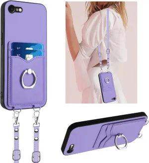 Crossbody Wallet Case for iPhone 16e with Card Holder and Ring Stand Kickstand Wrist Strap Lanyard Handbag Purse Phone Cover for iPhone 16e. Purple YKB