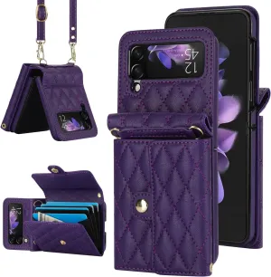 Crossbody Wallet Case for Samsung Galaxy Z Flip 3 with RFID Blocking Card Slot, Magnetic Flip Case PU Leather Handbag with Detachable Lanyard and Kickstand for Galaxy Z Flip3 5G (Purple)