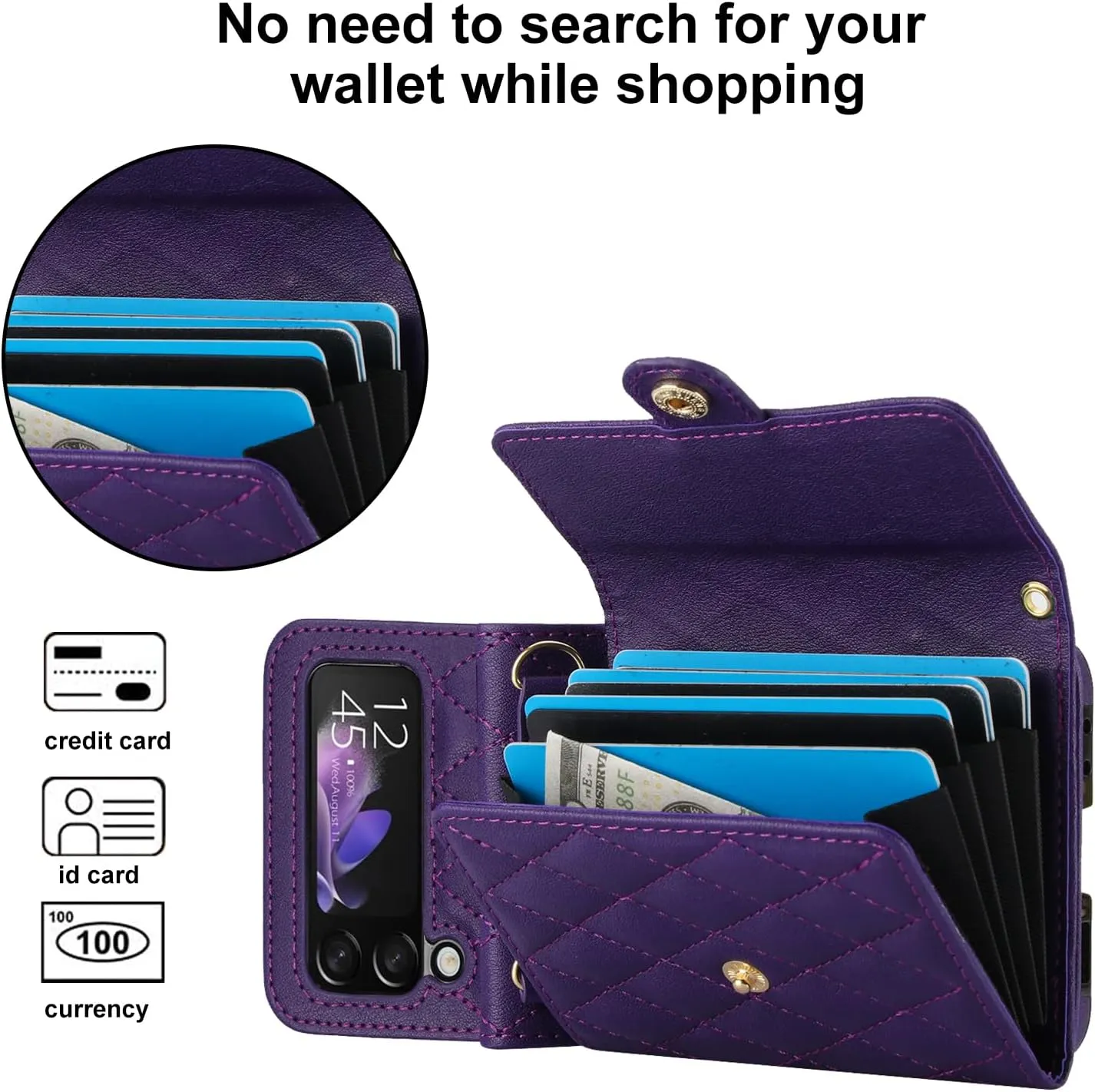 Crossbody Wallet Case for Samsung Galaxy Z Flip 3 with RFID Blocking Card Slot, Magnetic Flip Case PU Leather Handbag with Detachable Lanyard and Kickstand for Galaxy Z Flip3 5G (Purple)