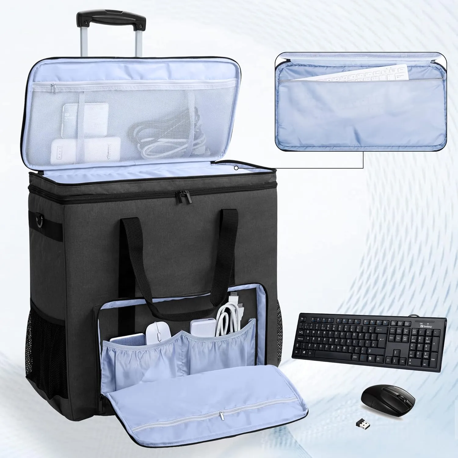 CURMIO Rolling PC Carrying Case, Double Layers Desktop Tower Travel Bag with Wheels for PC Chassis, Keyboard and Mouse, Black (Bag Only, Patented Design)